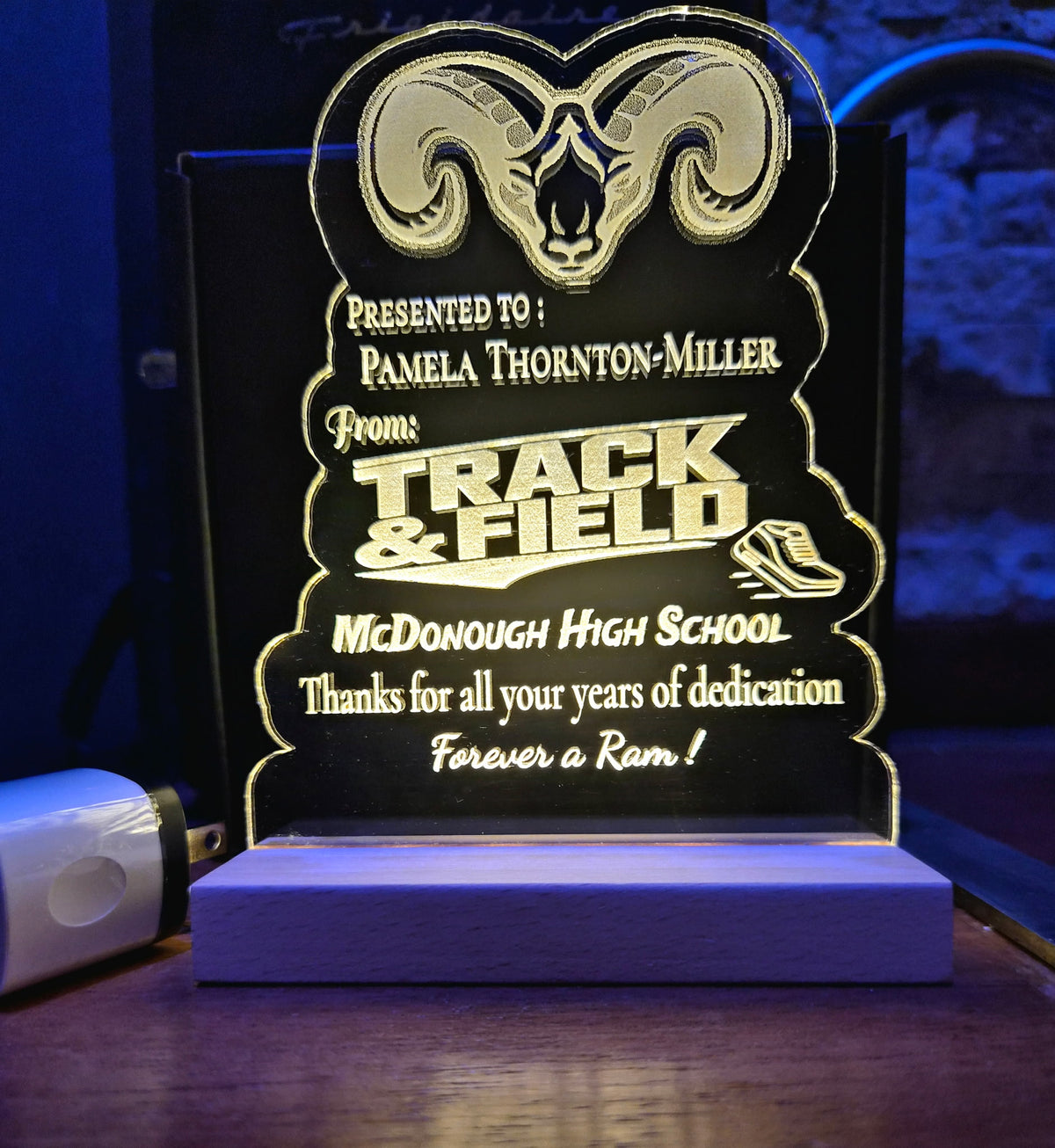 Desk Size Engraved Acrylic with LED Base 4.5x 5 in
